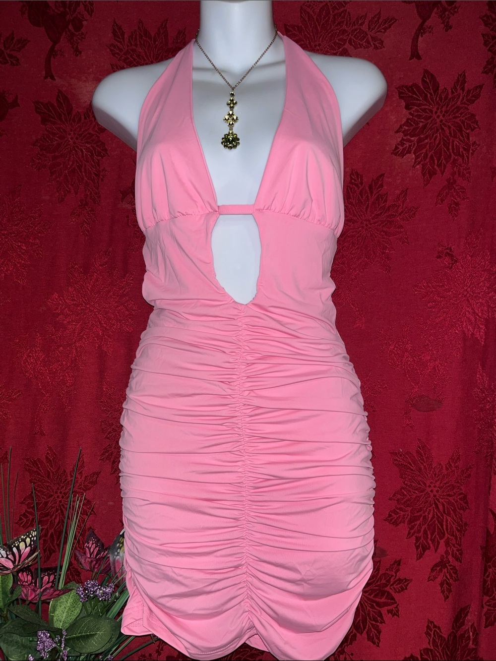 Love Pink Backless Halter Ruched Mini Dress